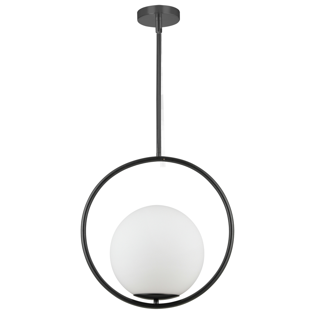 1 Light Incandescent Pendant, Matte Black with White Opal Glass