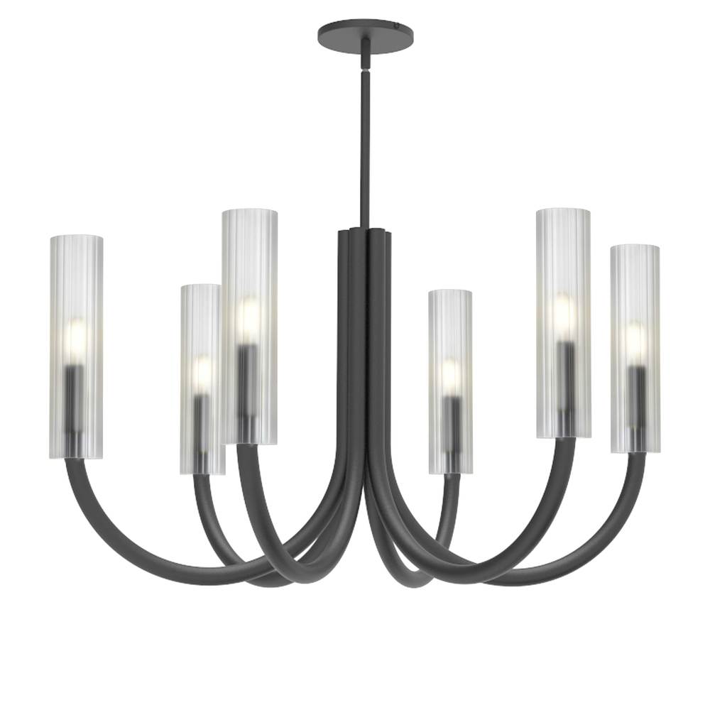 6 Light Incandescent Wand Chandelier Matte Black w/ Frosted Glass