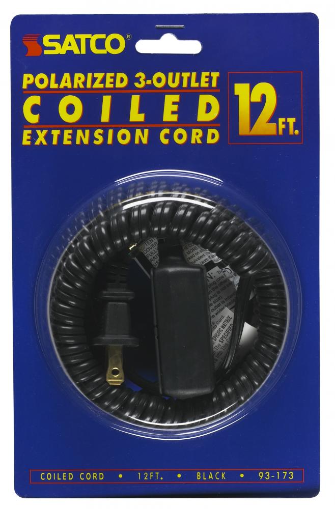 12 Foot Coiled (Extended) Extension Cord; Black Finish; 16/2 SPT-2; 13A-125V-1625W Rating