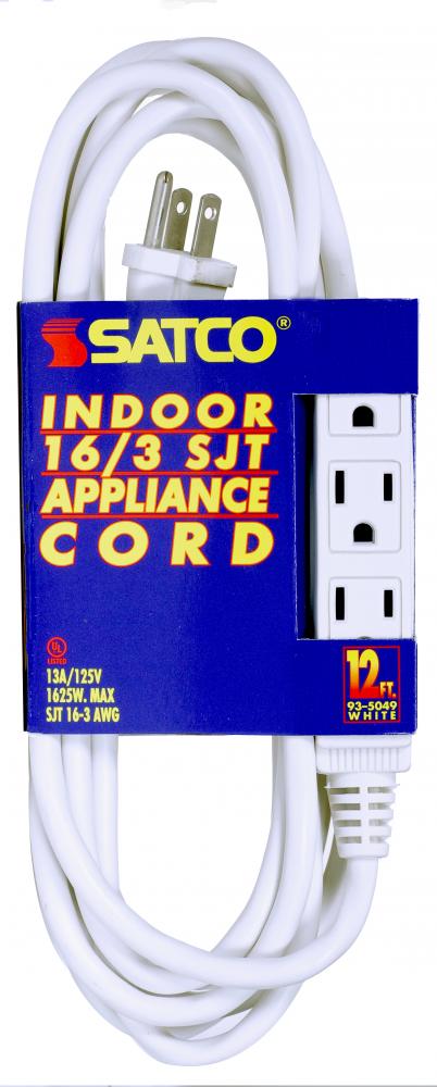 12 Foot Extension Cord; White Finish; 16/3 SJT; Indoor Only; 13A-125V-1625W Rating