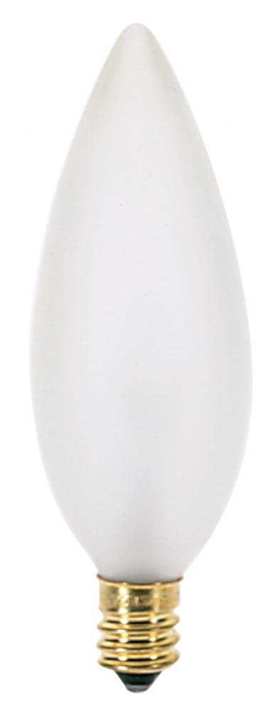 25 Watt BA9 1/2 Incandescent; Frost; 2500 Average rated hours; 193 Lumens; Candelabra base; 130 Volt