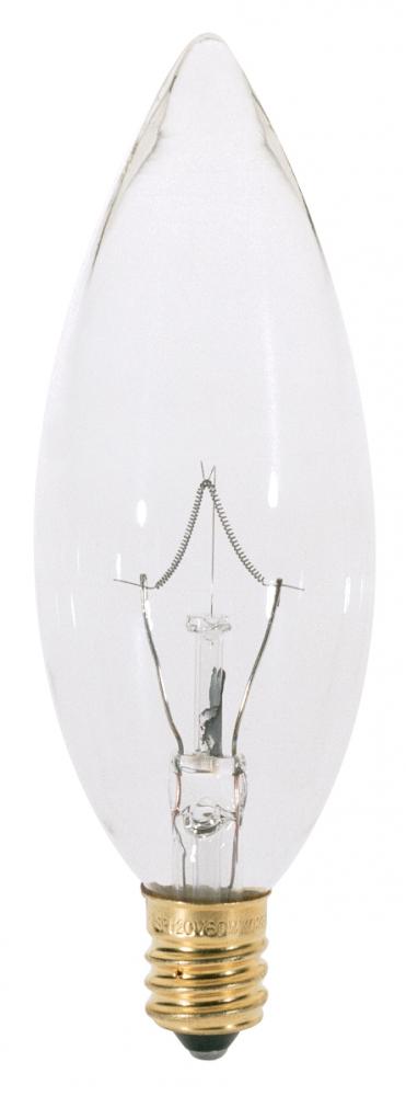 25 Watt BA9 1/2 Incandescent; Clear; 1500 Average rated hours; 212 Lumens; Candelabra base; 120 Volt