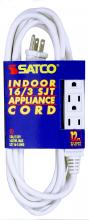 Satco Products Inc. 93/5049 - 12 Foot Extension Cord; White Finish; 16/3 SJT; Indoor Only; 13A-125V-1625W Rating