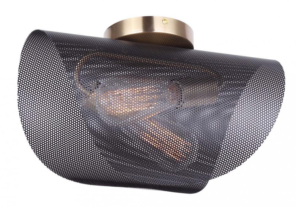 Huxlee 15 in. 2-Light 60-Watt Modern Matte Black and Gold Flush Mount with Black Mesh Shade