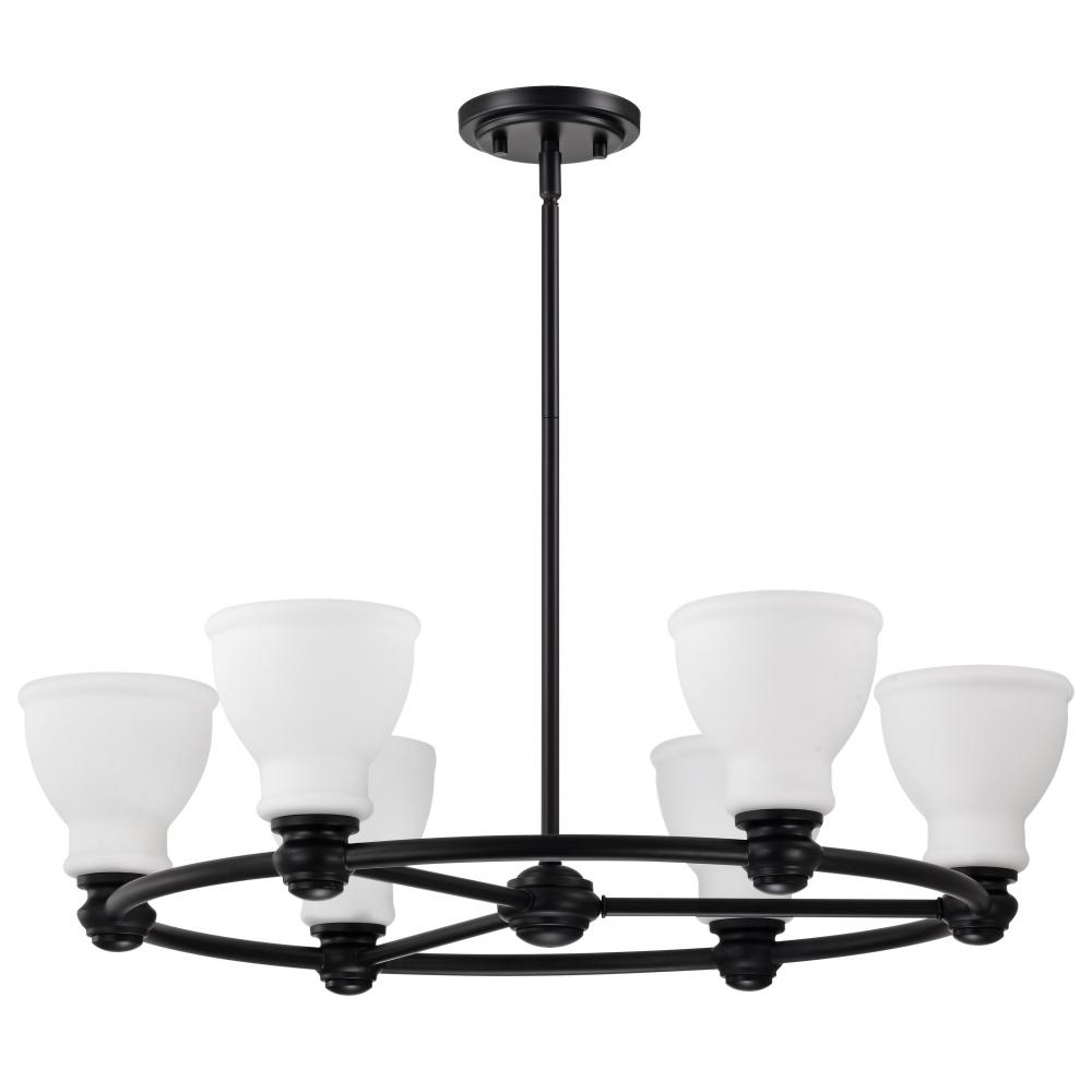 Russel; 6 Light Chandelier; Matte Black with Satin White Glass